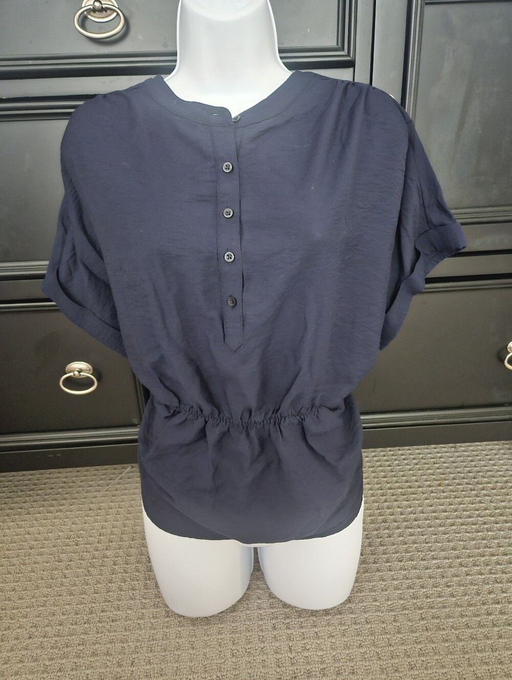 Simply Vera Vera Wang Navy Blue Henley Popover Top Cinched Waist Blouse XL
